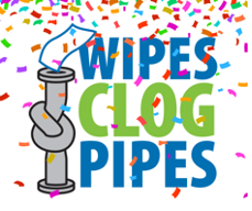 Wipes Clog Pipes logo - celebration
